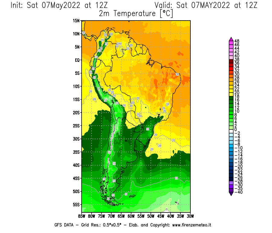 Mappa di analisi GFS - Temperatura a 2 metri dal suolo [°C] in Sud-America
									del 07/05/2022 12 <!--googleoff: index-->UTC<!--googleon: index-->