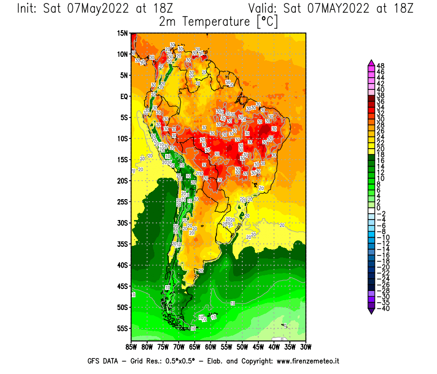 Mappa di analisi GFS - Temperatura a 2 metri dal suolo [°C] in Sud-America
									del 07/05/2022 18 <!--googleoff: index-->UTC<!--googleon: index-->