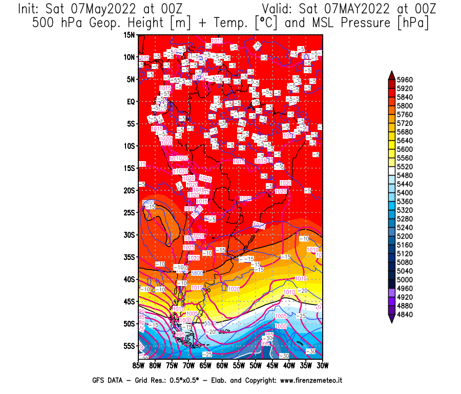Mappa di analisi GFS - Geopotenziale [m] + Temp. [°C] a 500 hPa + Press. a livello del mare [hPa] in Sud-America
									del 07/05/2022 00 <!--googleoff: index-->UTC<!--googleon: index-->