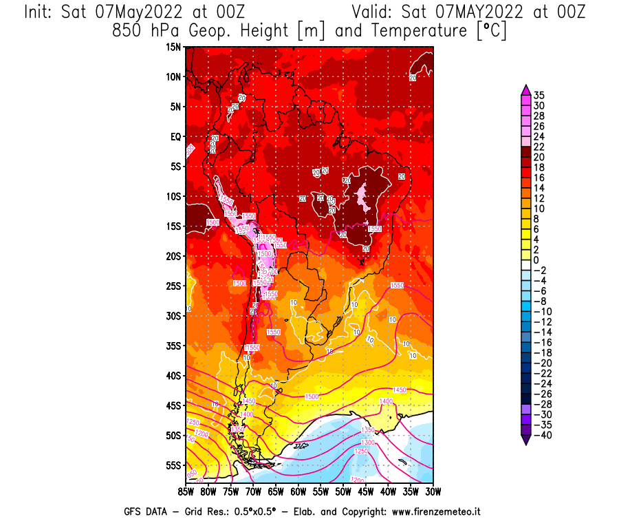 Mappa di analisi GFS - Geopotenziale [m] e Temperatura [°C] a 850 hPa in Sud-America
									del 07/05/2022 00 <!--googleoff: index-->UTC<!--googleon: index-->