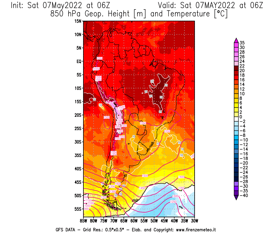 Mappa di analisi GFS - Geopotenziale [m] e Temperatura [°C] a 850 hPa in Sud-America
									del 07/05/2022 06 <!--googleoff: index-->UTC<!--googleon: index-->
