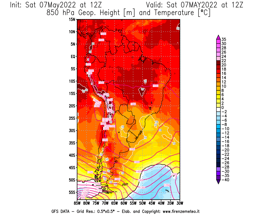 Mappa di analisi GFS - Geopotenziale [m] e Temperatura [°C] a 850 hPa in Sud-America
									del 07/05/2022 12 <!--googleoff: index-->UTC<!--googleon: index-->