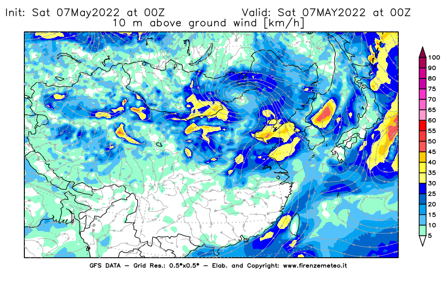 Mappa di analisi GFS - Velocità del vento a 10 metri dal suolo [km/h] in Asia Orientale
									del 07/05/2022 00 <!--googleoff: index-->UTC<!--googleon: index-->