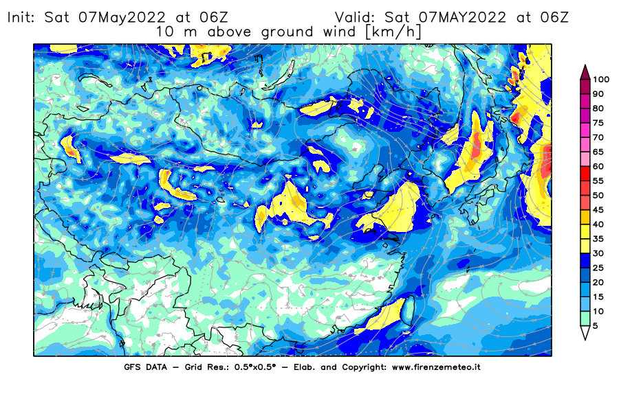 Mappa di analisi GFS - Velocità del vento a 10 metri dal suolo [km/h] in Asia Orientale
									del 07/05/2022 06 <!--googleoff: index-->UTC<!--googleon: index-->