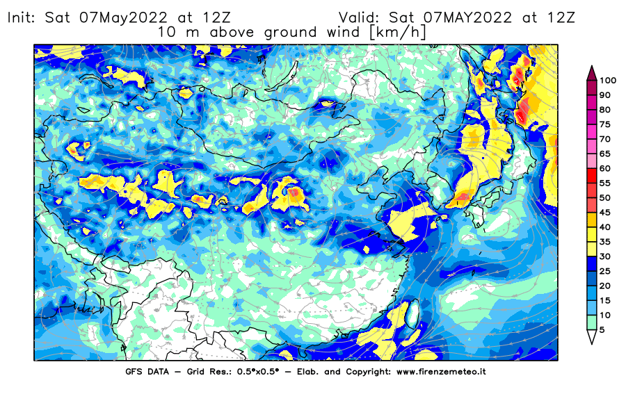Mappa di analisi GFS - Velocità del vento a 10 metri dal suolo [km/h] in Asia Orientale
									del 07/05/2022 12 <!--googleoff: index-->UTC<!--googleon: index-->