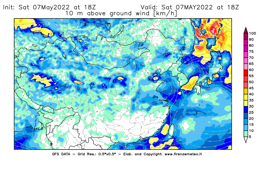 Mappa di analisi GFS - Velocità del vento a 10 metri dal suolo [km/h] in Asia Orientale
									del 07/05/2022 18 <!--googleoff: index-->UTC<!--googleon: index-->