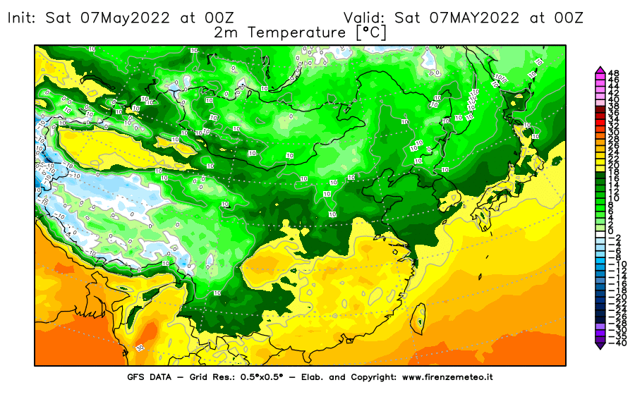 Mappa di analisi GFS - Temperatura a 2 metri dal suolo [°C] in Asia Orientale
									del 07/05/2022 00 <!--googleoff: index-->UTC<!--googleon: index-->