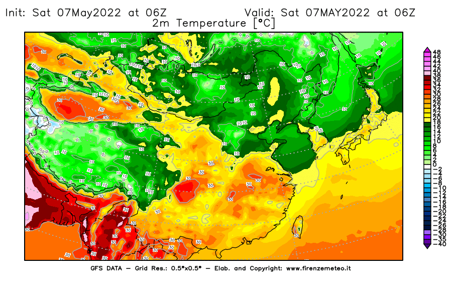 Mappa di analisi GFS - Temperatura a 2 metri dal suolo [°C] in Asia Orientale
									del 07/05/2022 06 <!--googleoff: index-->UTC<!--googleon: index-->