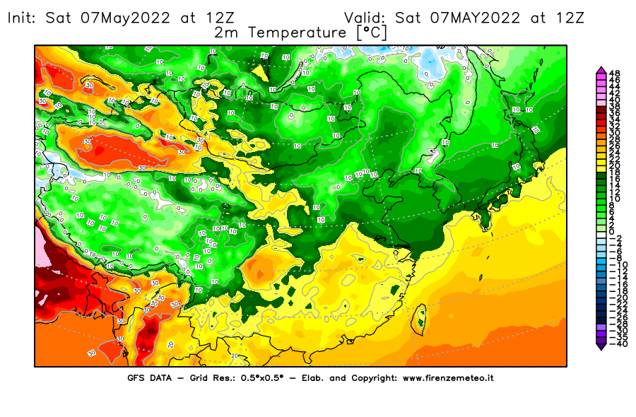 Mappa di analisi GFS - Temperatura a 2 metri dal suolo [°C] in Asia Orientale
									del 07/05/2022 12 <!--googleoff: index-->UTC<!--googleon: index-->