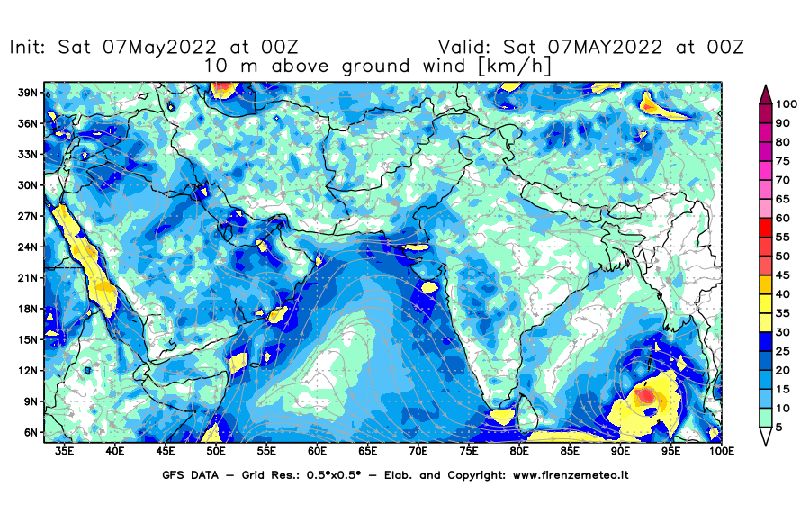 Mappa di analisi GFS - Velocità del vento a 10 metri dal suolo [km/h] in Asia Sud-Occidentale
									del 07/05/2022 00 <!--googleoff: index-->UTC<!--googleon: index-->