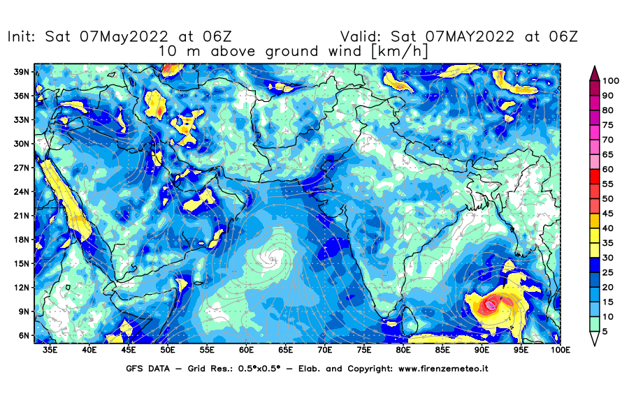 Mappa di analisi GFS - Velocità del vento a 10 metri dal suolo [km/h] in Asia Sud-Occidentale
									del 07/05/2022 06 <!--googleoff: index-->UTC<!--googleon: index-->
