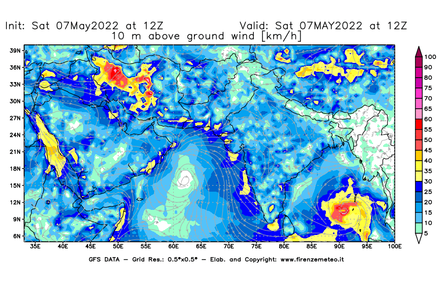 Mappa di analisi GFS - Velocità del vento a 10 metri dal suolo [km/h] in Asia Sud-Occidentale
									del 07/05/2022 12 <!--googleoff: index-->UTC<!--googleon: index-->