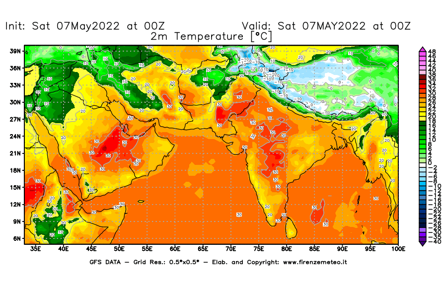 Mappa di analisi GFS - Temperatura a 2 metri dal suolo [°C] in Asia Sud-Occidentale
									del 07/05/2022 00 <!--googleoff: index-->UTC<!--googleon: index-->