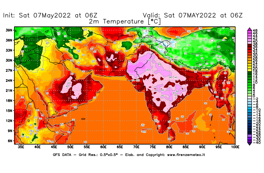 Mappa di analisi GFS - Temperatura a 2 metri dal suolo [°C] in Asia Sud-Occidentale
									del 07/05/2022 06 <!--googleoff: index-->UTC<!--googleon: index-->