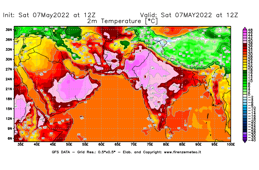Mappa di analisi GFS - Temperatura a 2 metri dal suolo [°C] in Asia Sud-Occidentale
									del 07/05/2022 12 <!--googleoff: index-->UTC<!--googleon: index-->