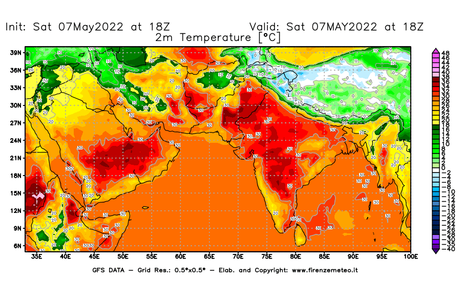 Mappa di analisi GFS - Temperatura a 2 metri dal suolo [°C] in Asia Sud-Occidentale
									del 07/05/2022 18 <!--googleoff: index-->UTC<!--googleon: index-->