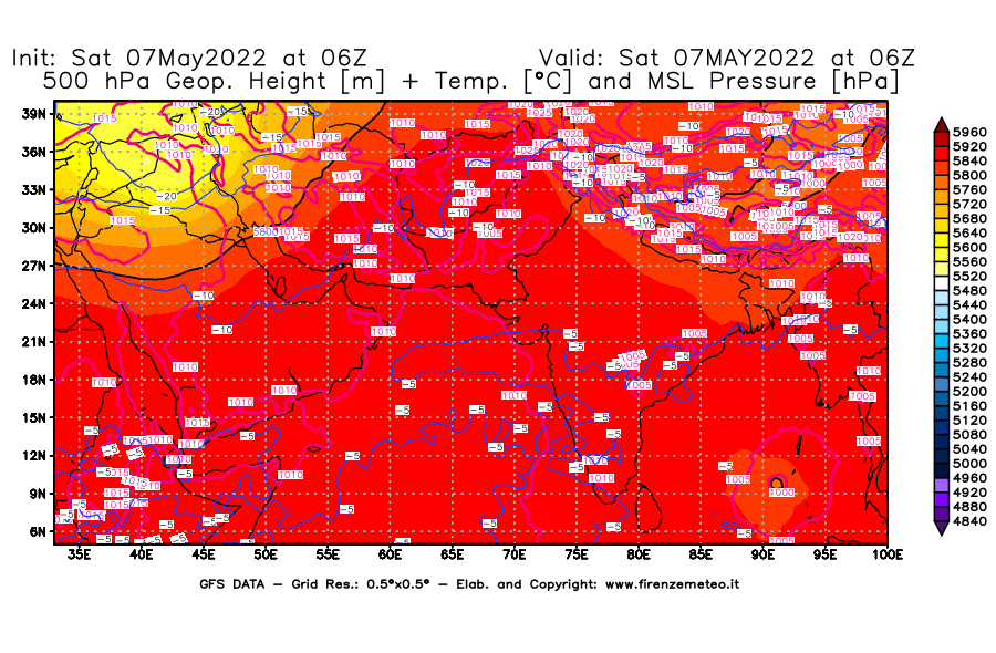 Mappa di analisi GFS - Geopotenziale [m] + Temp. [°C] a 500 hPa + Press. a livello del mare [hPa] in Asia Sud-Occidentale
									del 07/05/2022 06 <!--googleoff: index-->UTC<!--googleon: index-->