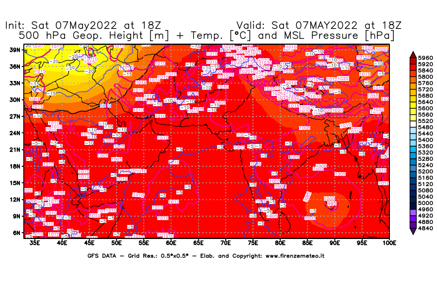Mappa di analisi GFS - Geopotenziale [m] + Temp. [°C] a 500 hPa + Press. a livello del mare [hPa] in Asia Sud-Occidentale
									del 07/05/2022 18 <!--googleoff: index-->UTC<!--googleon: index-->