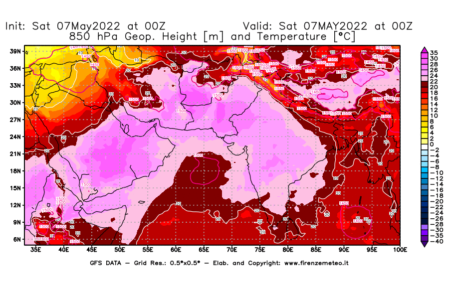 Mappa di analisi GFS - Geopotenziale [m] e Temperatura [°C] a 850 hPa in Asia Sud-Occidentale
									del 07/05/2022 00 <!--googleoff: index-->UTC<!--googleon: index-->