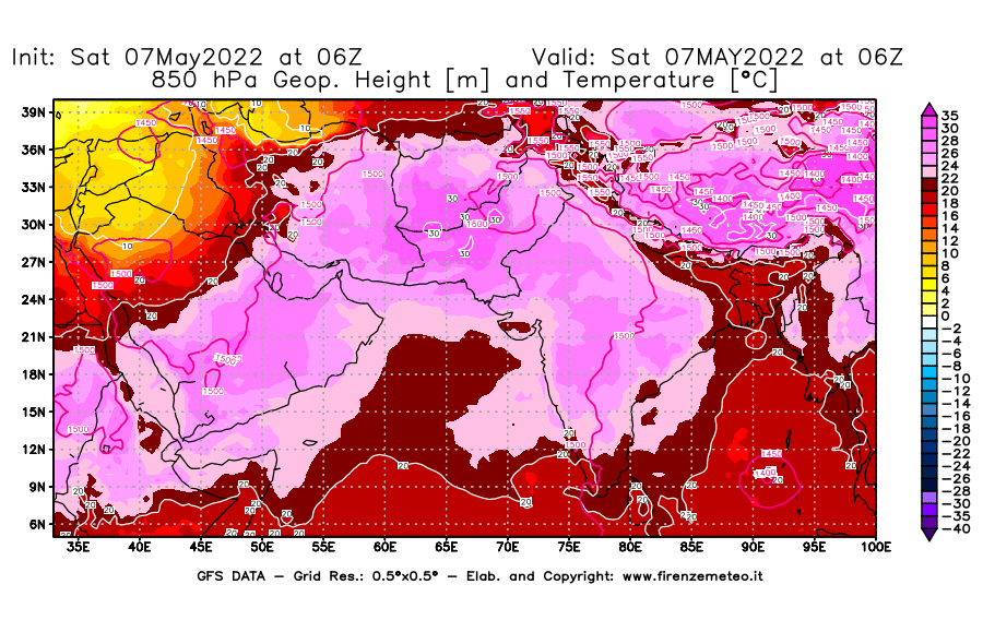 Mappa di analisi GFS - Geopotenziale [m] e Temperatura [°C] a 850 hPa in Asia Sud-Occidentale
									del 07/05/2022 06 <!--googleoff: index-->UTC<!--googleon: index-->