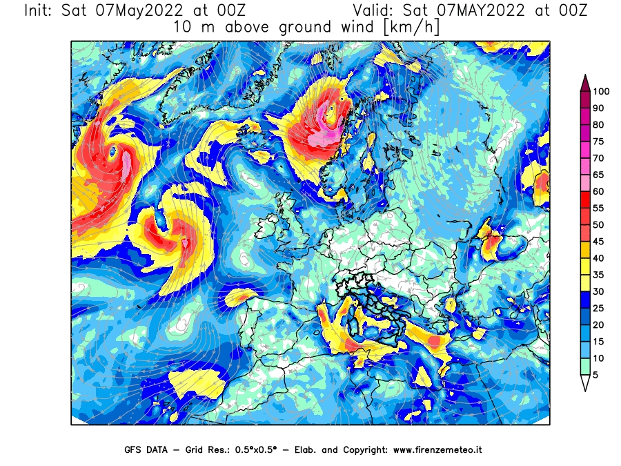 Mappa di analisi GFS - Velocità del vento a 10 metri dal suolo [km/h] in Europa
									del 07/05/2022 00 <!--googleoff: index-->UTC<!--googleon: index-->