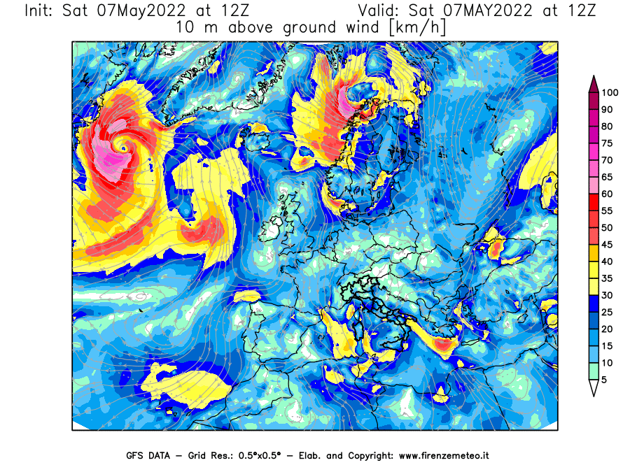 Mappa di analisi GFS - Velocità del vento a 10 metri dal suolo [km/h] in Europa
									del 07/05/2022 12 <!--googleoff: index-->UTC<!--googleon: index-->