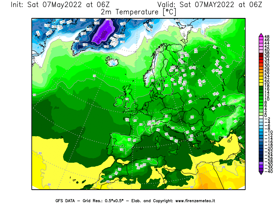 Mappa di analisi GFS - Temperatura a 2 metri dal suolo [°C] in Europa
									del 07/05/2022 06 <!--googleoff: index-->UTC<!--googleon: index-->