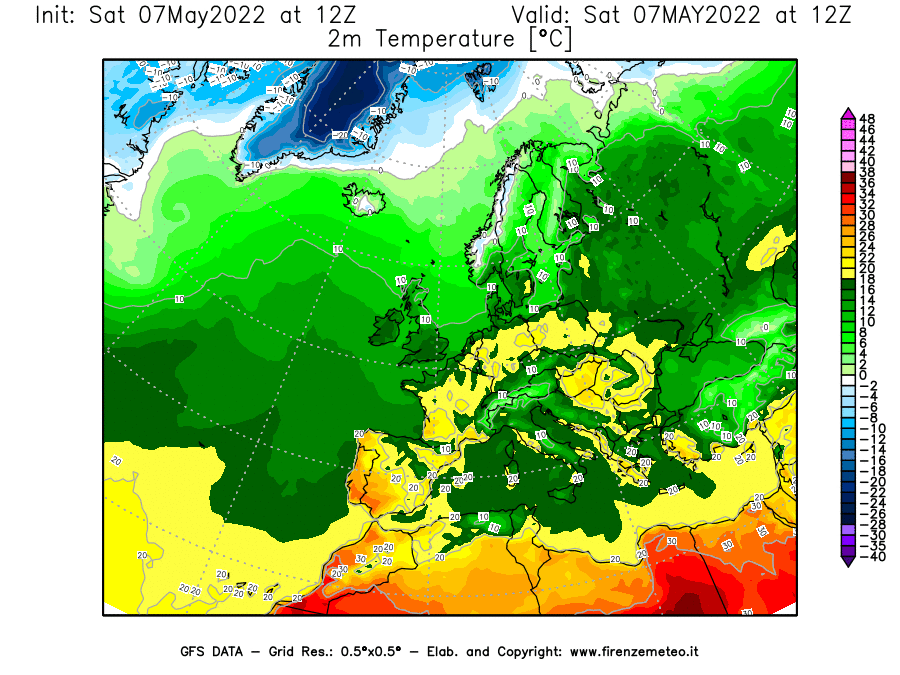 Mappa di analisi GFS - Temperatura a 2 metri dal suolo [°C] in Europa
									del 07/05/2022 12 <!--googleoff: index-->UTC<!--googleon: index-->