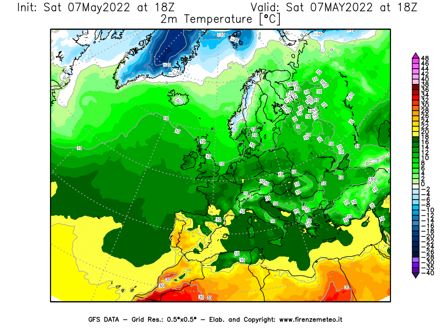 Mappa di analisi GFS - Temperatura a 2 metri dal suolo [°C] in Europa
									del 07/05/2022 18 <!--googleoff: index-->UTC<!--googleon: index-->