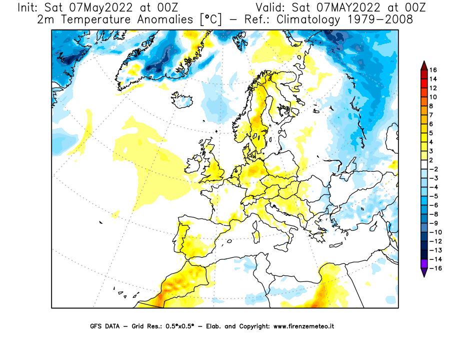 Mappa di analisi GFS - Anomalia Temperatura [°C] a 2 m in Europa
									del 07/05/2022 00 <!--googleoff: index-->UTC<!--googleon: index-->