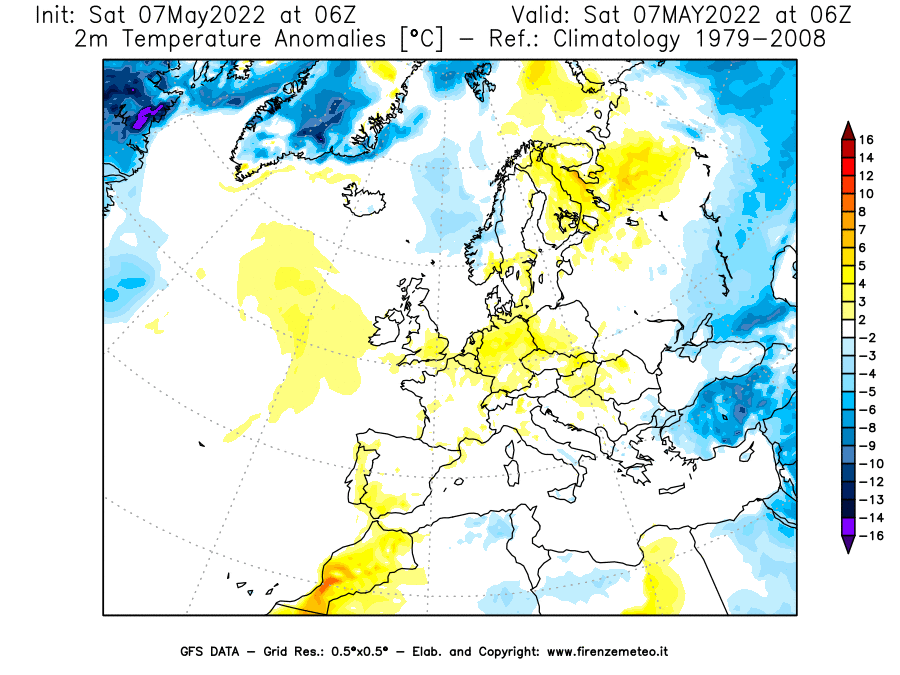 Mappa di analisi GFS - Anomalia Temperatura [°C] a 2 m in Europa
									del 07/05/2022 06 <!--googleoff: index-->UTC<!--googleon: index-->