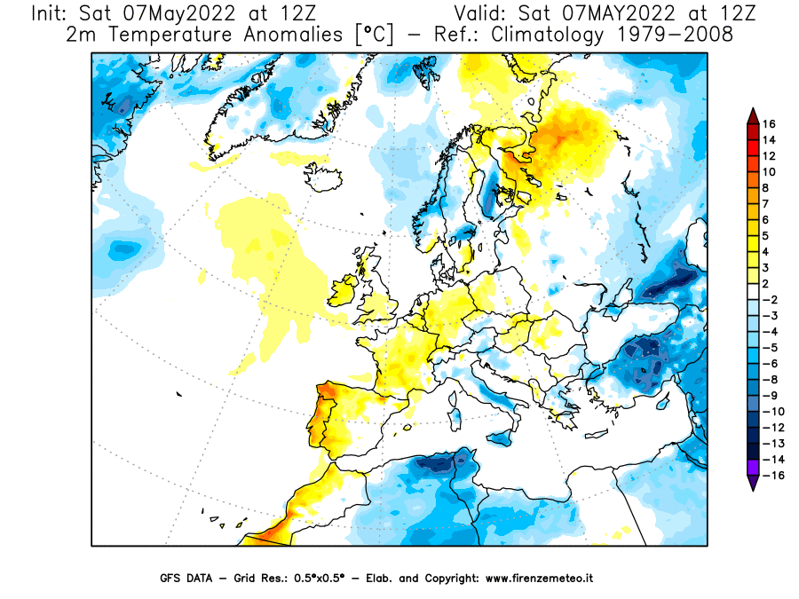 Mappa di analisi GFS - Anomalia Temperatura [°C] a 2 m in Europa
									del 07/05/2022 12 <!--googleoff: index-->UTC<!--googleon: index-->
