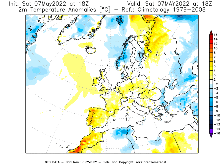 Mappa di analisi GFS - Anomalia Temperatura [°C] a 2 m in Europa
									del 07/05/2022 18 <!--googleoff: index-->UTC<!--googleon: index-->
