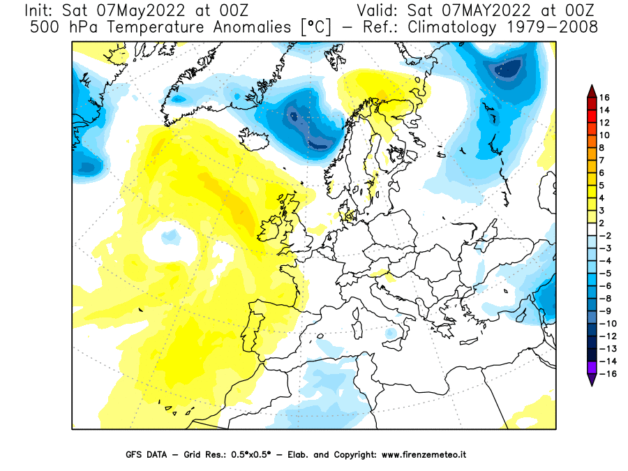 Mappa di analisi GFS - Anomalia Temperatura [°C] a 500 hPa in Europa
									del 07/05/2022 00 <!--googleoff: index-->UTC<!--googleon: index-->