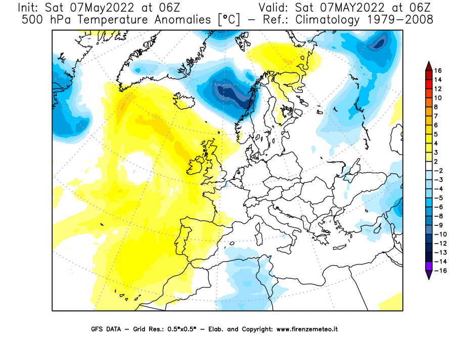 Mappa di analisi GFS - Anomalia Temperatura [°C] a 500 hPa in Europa
									del 07/05/2022 06 <!--googleoff: index-->UTC<!--googleon: index-->