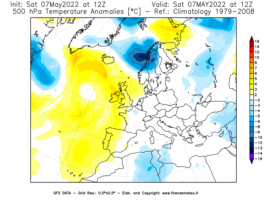 Mappa di analisi GFS - Anomalia Temperatura [°C] a 500 hPa in Europa
									del 07/05/2022 12 <!--googleoff: index-->UTC<!--googleon: index-->