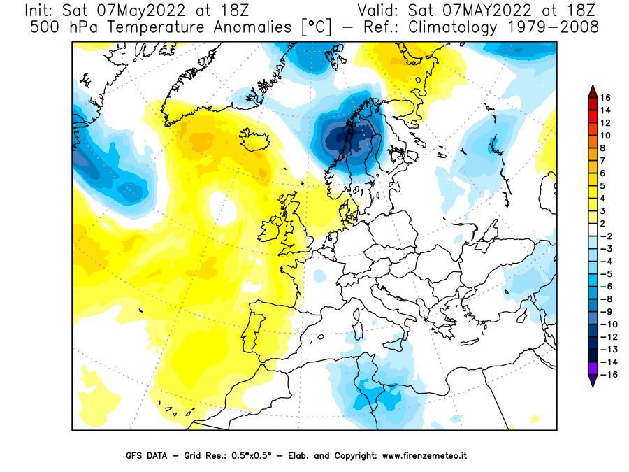 Mappa di analisi GFS - Anomalia Temperatura [°C] a 500 hPa in Europa
									del 07/05/2022 18 <!--googleoff: index-->UTC<!--googleon: index-->