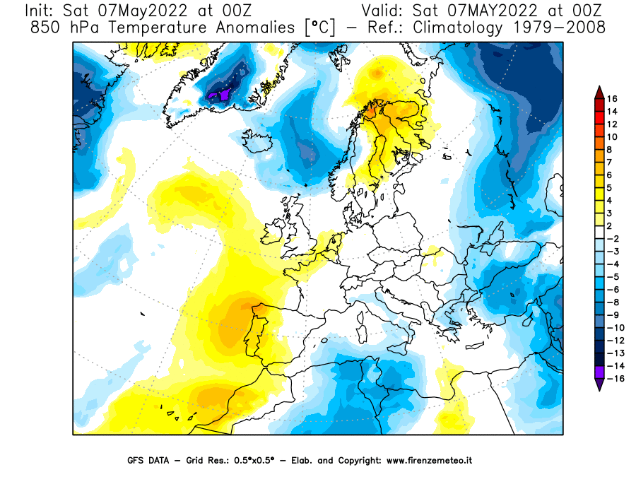 Mappa di analisi GFS - Anomalia Temperatura [°C] a 850 hPa in Europa
									del 07/05/2022 00 <!--googleoff: index-->UTC<!--googleon: index-->