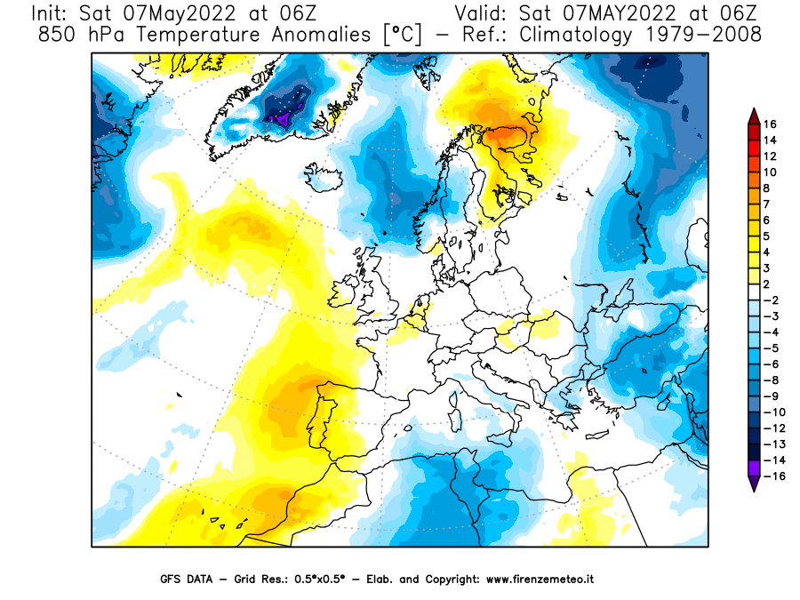 Mappa di analisi GFS - Anomalia Temperatura [°C] a 850 hPa in Europa
									del 07/05/2022 06 <!--googleoff: index-->UTC<!--googleon: index-->