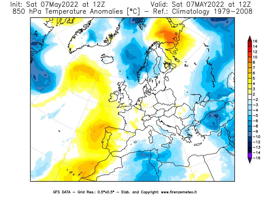 Mappa di analisi GFS - Anomalia Temperatura [°C] a 850 hPa in Europa
									del 07/05/2022 12 <!--googleoff: index-->UTC<!--googleon: index-->