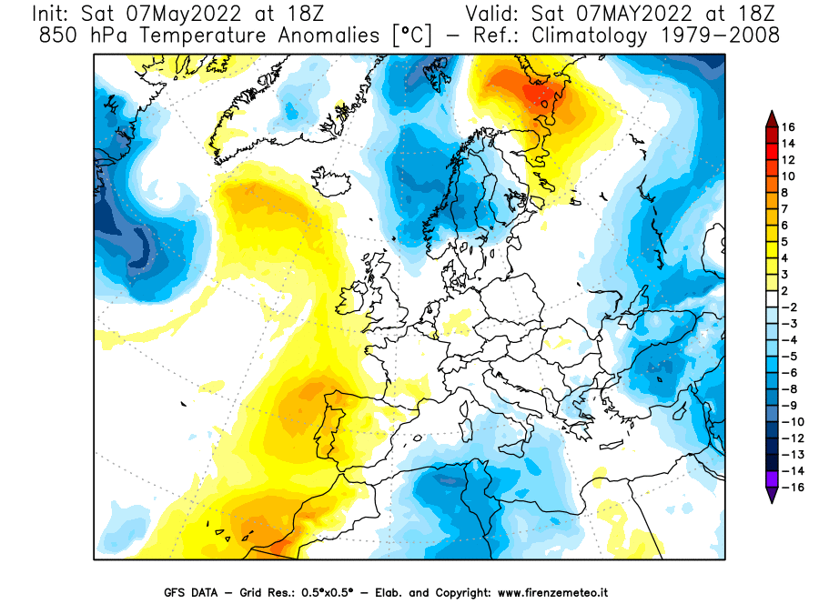Mappa di analisi GFS - Anomalia Temperatura [°C] a 850 hPa in Europa
									del 07/05/2022 18 <!--googleoff: index-->UTC<!--googleon: index-->