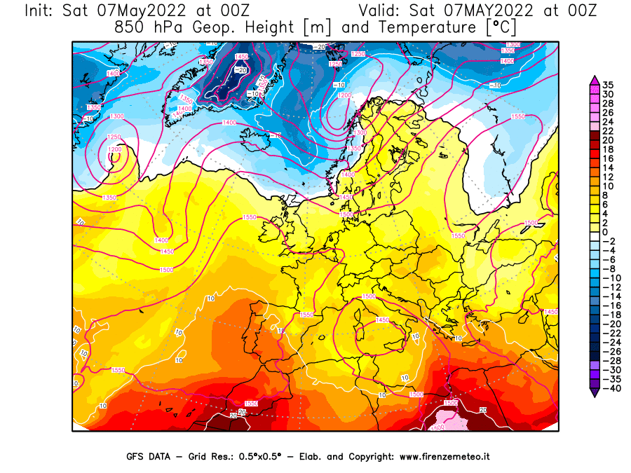 Mappa di analisi GFS - Geopotenziale [m] e Temperatura [°C] a 850 hPa in Europa
									del 07/05/2022 00 <!--googleoff: index-->UTC<!--googleon: index-->