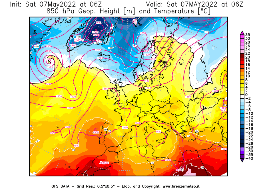 Mappa di analisi GFS - Geopotenziale [m] e Temperatura [°C] a 850 hPa in Europa
									del 07/05/2022 06 <!--googleoff: index-->UTC<!--googleon: index-->