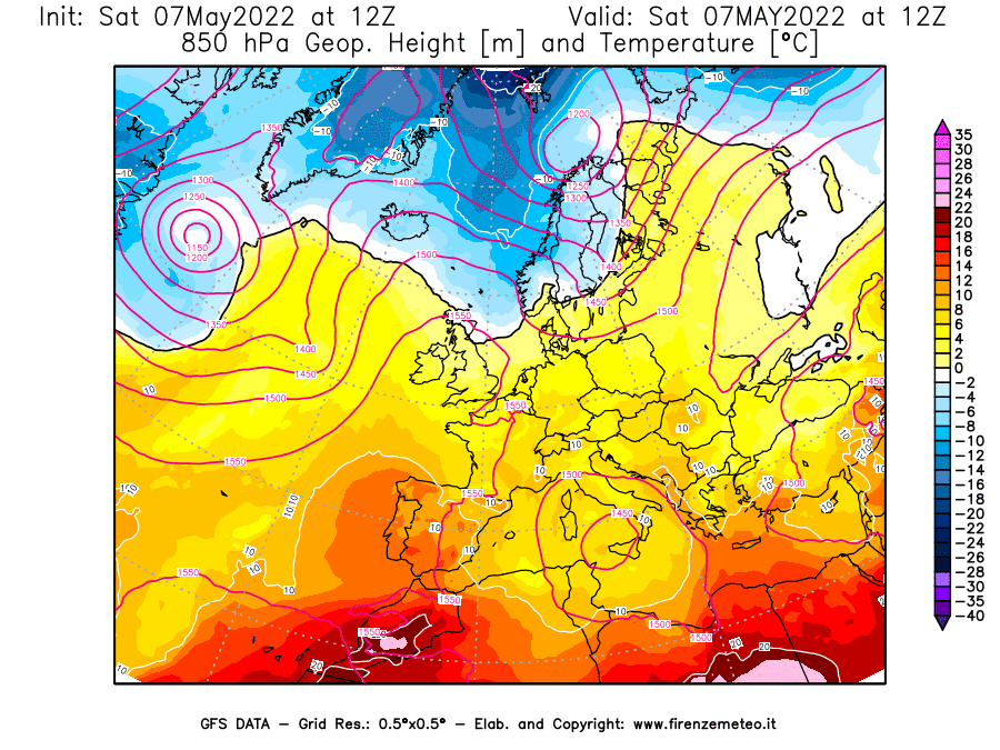 Mappa di analisi GFS - Geopotenziale [m] e Temperatura [°C] a 850 hPa in Europa
									del 07/05/2022 12 <!--googleoff: index-->UTC<!--googleon: index-->