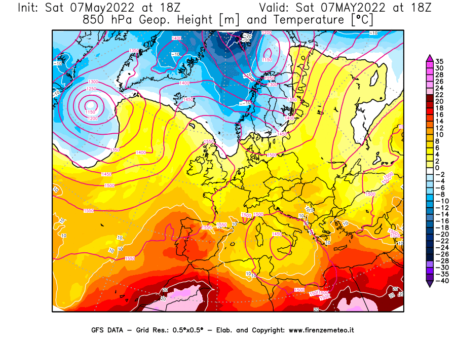 Mappa di analisi GFS - Geopotenziale [m] e Temperatura [°C] a 850 hPa in Europa
									del 07/05/2022 18 <!--googleoff: index-->UTC<!--googleon: index-->