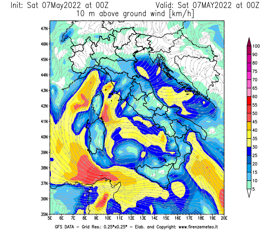 Mappa di analisi GFS - Velocità del vento a 10 metri dal suolo [km/h] in Italia
									del 07/05/2022 00 <!--googleoff: index-->UTC<!--googleon: index-->