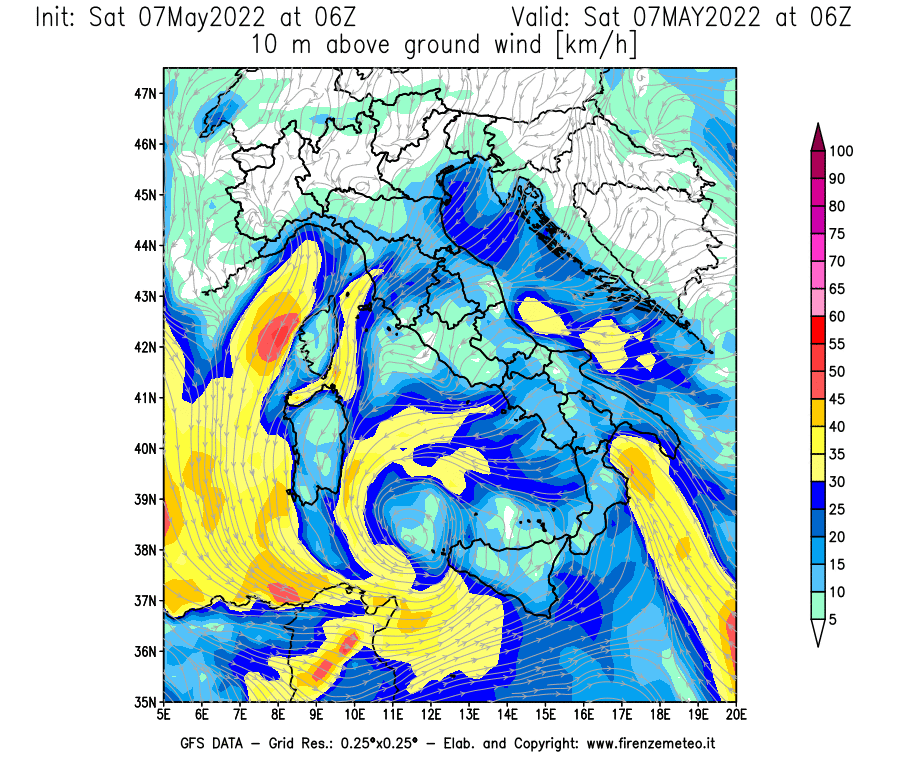 Mappa di analisi GFS - Velocità del vento a 10 metri dal suolo [km/h] in Italia
									del 07/05/2022 06 <!--googleoff: index-->UTC<!--googleon: index-->