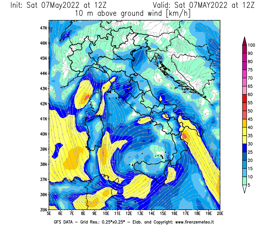 Mappa di analisi GFS - Velocità del vento a 10 metri dal suolo [km/h] in Italia
									del 07/05/2022 12 <!--googleoff: index-->UTC<!--googleon: index-->