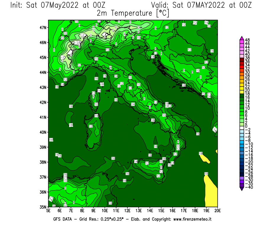 Mappa di analisi GFS - Temperatura a 2 metri dal suolo [°C] in Italia
									del 07/05/2022 00 <!--googleoff: index-->UTC<!--googleon: index-->