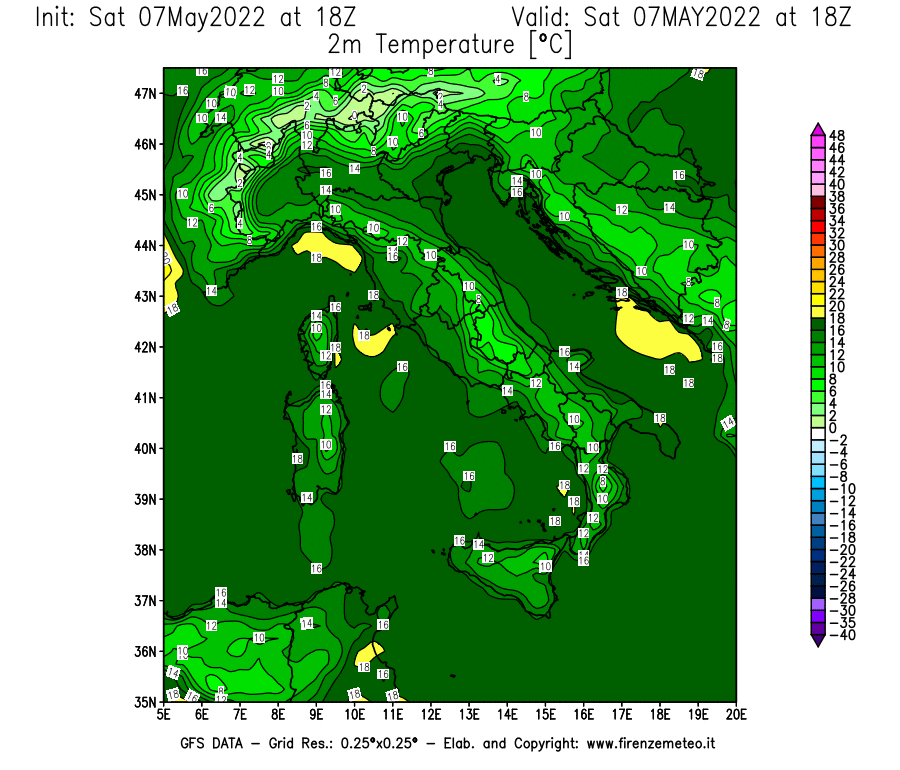 Mappa di analisi GFS - Temperatura a 2 metri dal suolo [°C] in Italia
									del 07/05/2022 18 <!--googleoff: index-->UTC<!--googleon: index-->